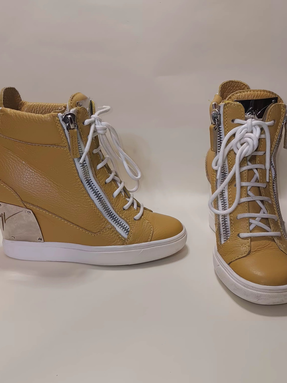 Giuseppe Zanotti Mustard Yellow Leather Wedge Sneakers with Silver Plate
